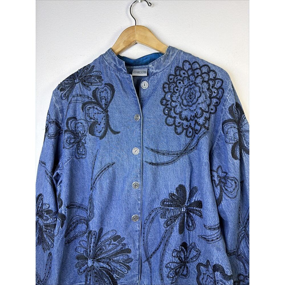 Chico's Design Southwest Embroidered Floral Lt Denim Jacket Large Boho victorian - Picture 6 of 16